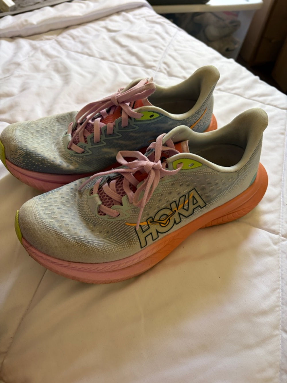 Hoka Neutral Gray Running Shoes with Pink & Orange Accents